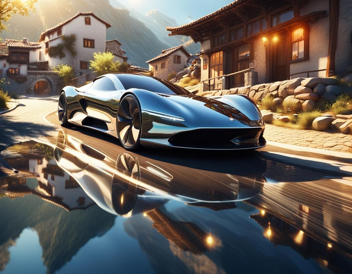 Reflective Supercar Cruises Through Mountain Village