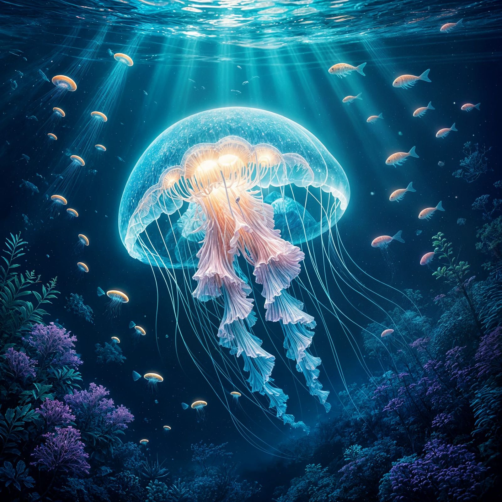 Bioluminescent Jellyfish in Alien Ocean Depths