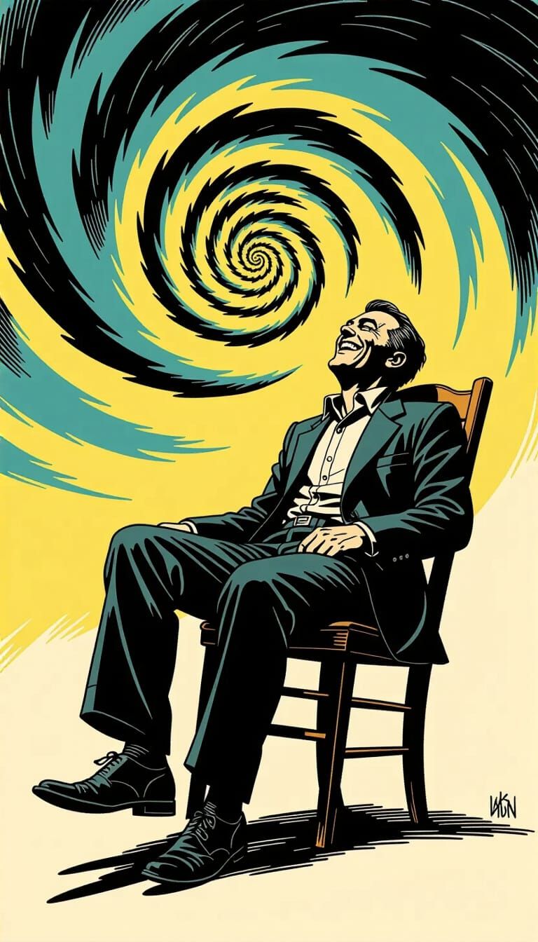 Unstable Man Laughs in a Dark Comic Void