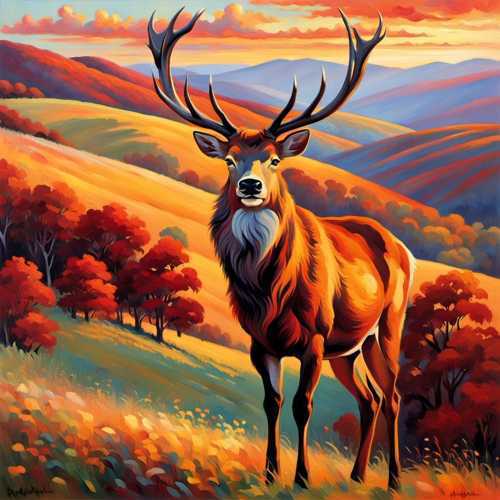 Majestic Stag Overlooking Sunset Landscape in Impressionist ...