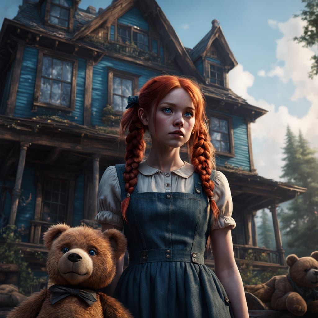 Girl Awestruck by Giant Teddy Bear in Cinematic Scene