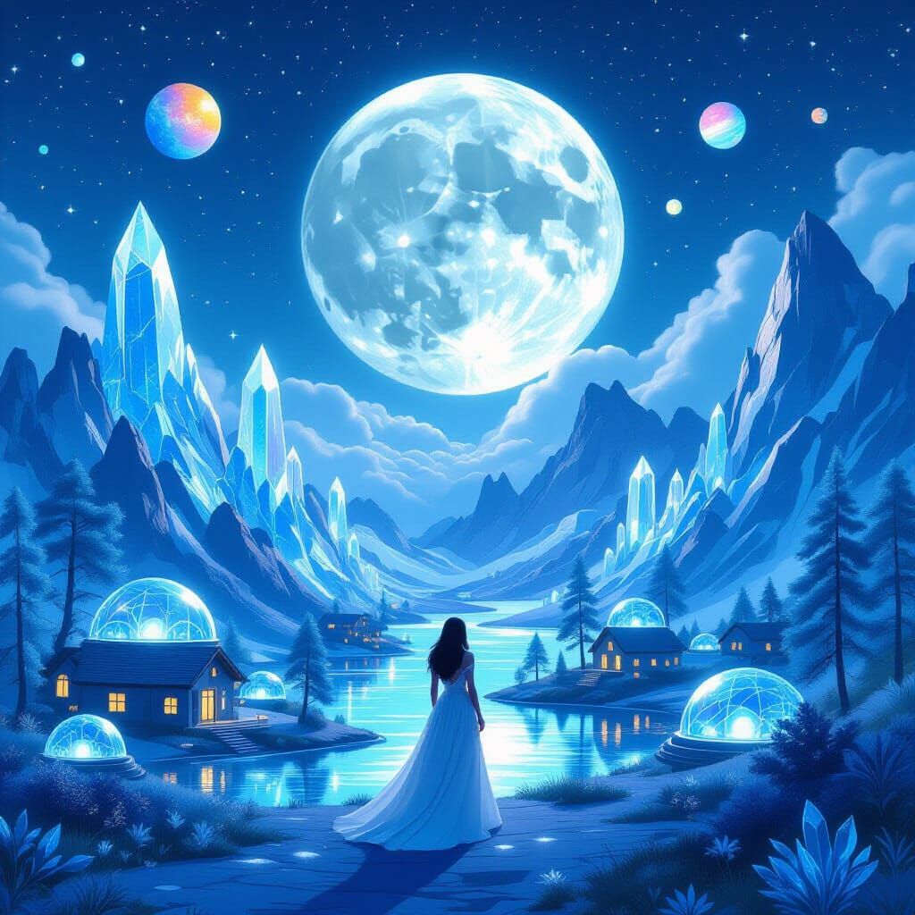 Mystical Moon Landscape with Woman in Dreamscape Style