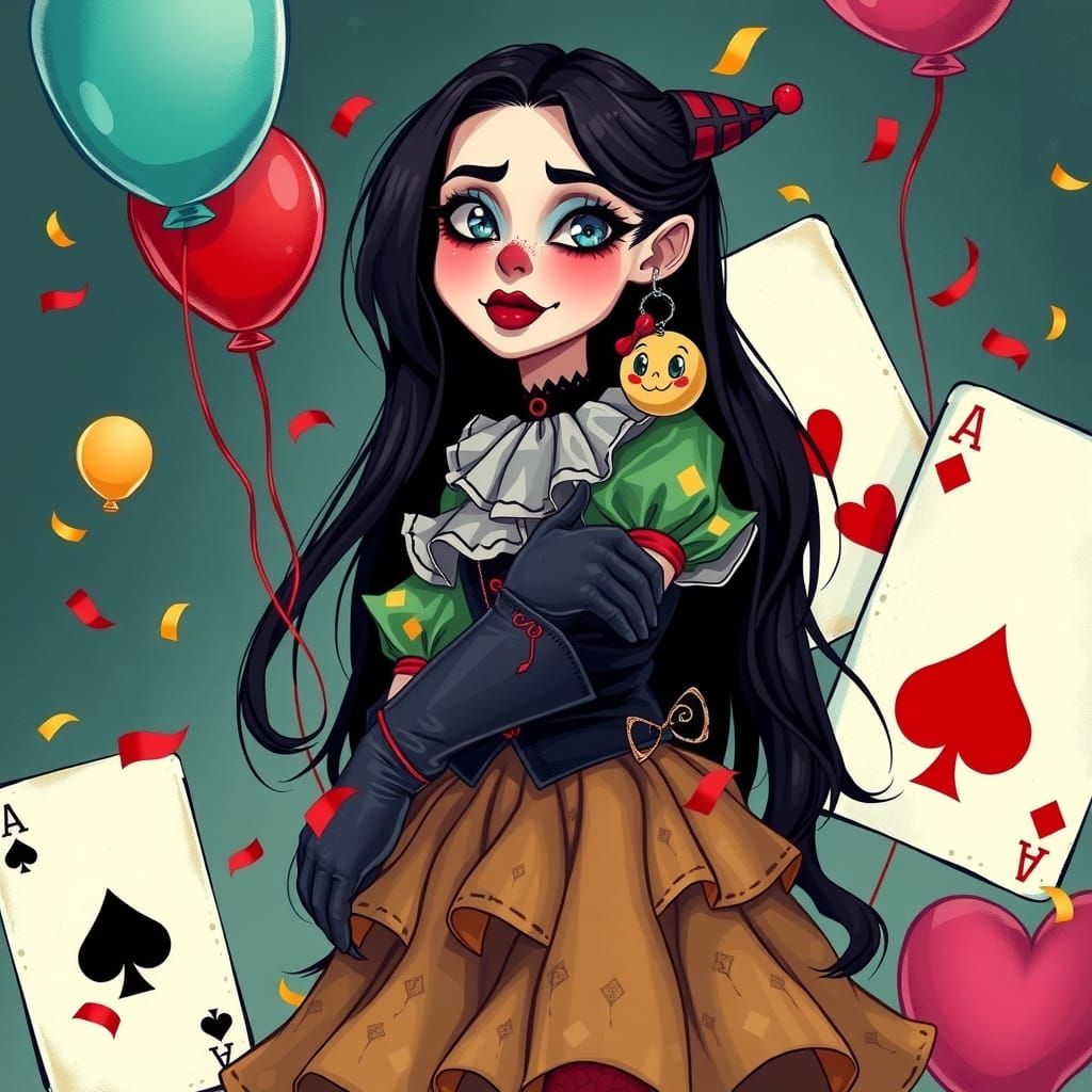 Whimsical Gothic Clown Girl in a Dreamlike World