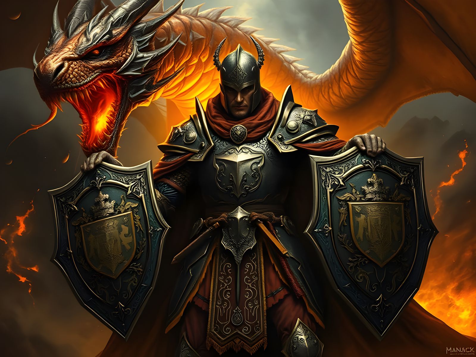 Epic Fantasy Warrior Defends Against Dragon's Fiery Breath
