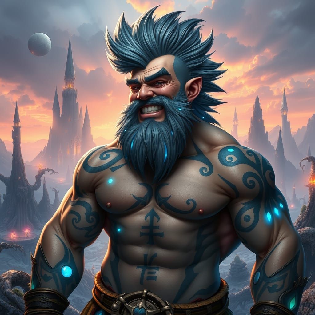 Sturdy Grey-Blue Mohawk Dwarf in Vibrant Fantasy Landscape