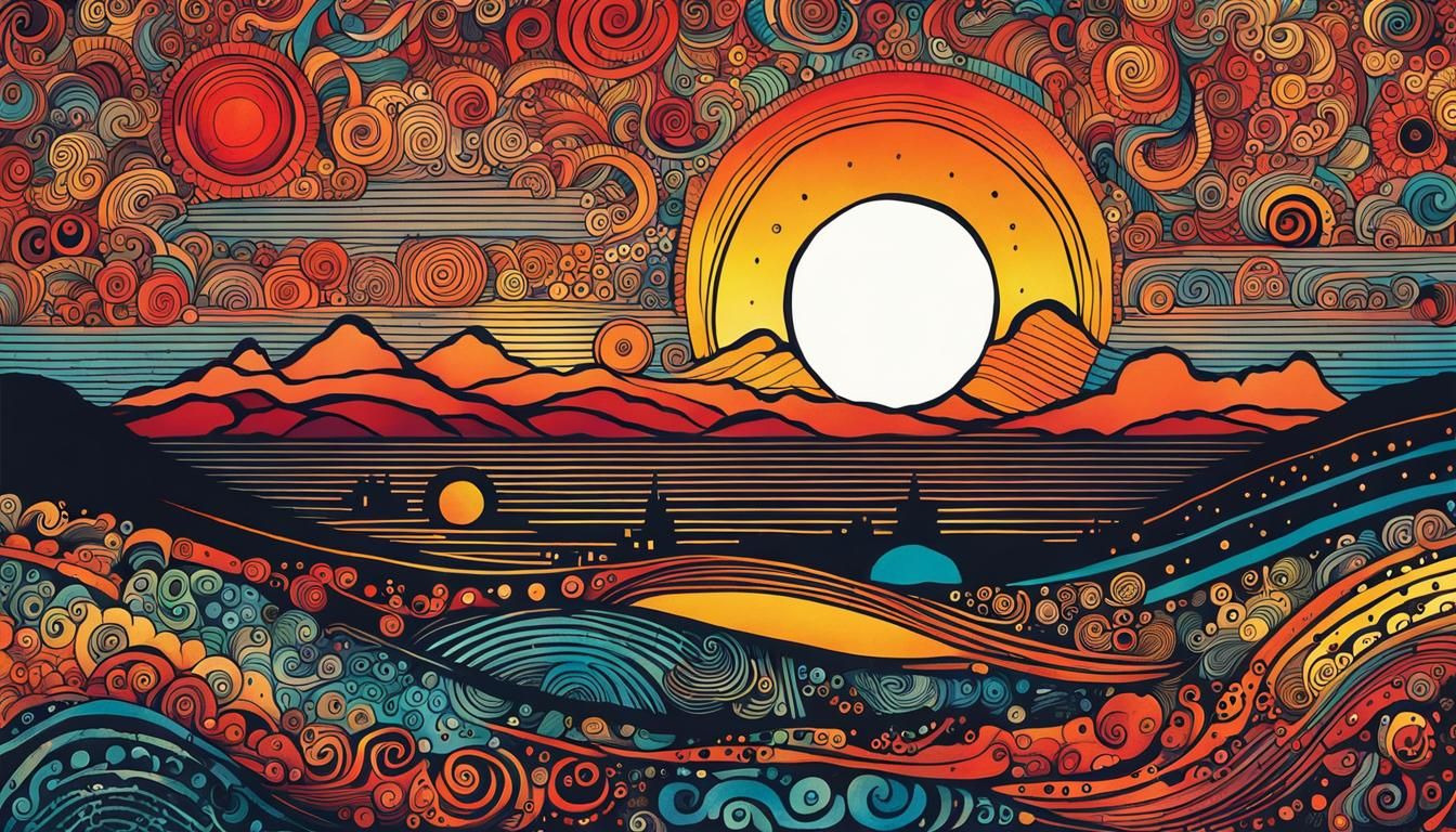 Whimsical Doodle Poster of a Symbolic Sunset