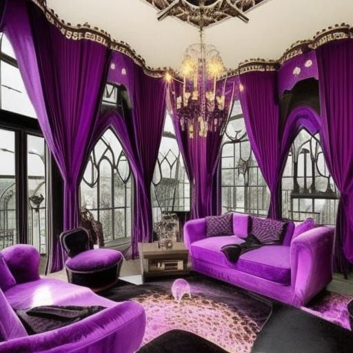 Beautiful gothic penthouse with beautiful purple walls with black accents& huge Gothic windows with Beautiful view outsi...