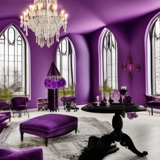 Beautiful gothic penthouse with beautiful purple walls with black accents& huge Gothic windows with Beautiful view outsi...