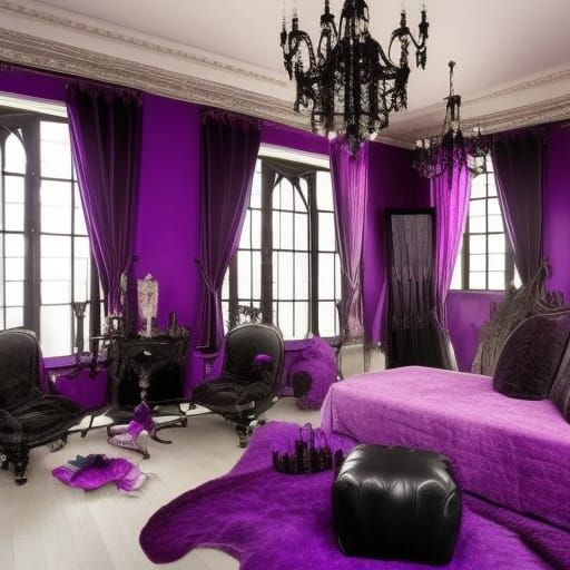 Beautiful gothic penthouse with beautiful purple walls with black accents& huge Gothic windows with Beautiful view outsi...