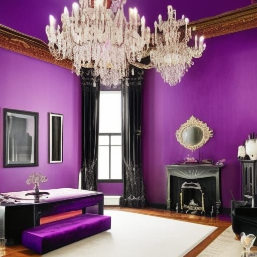 Beautiful gothic penthouse with beautiful purple walls with black accents& huge Gothic windows with Beautiful view outsi...
