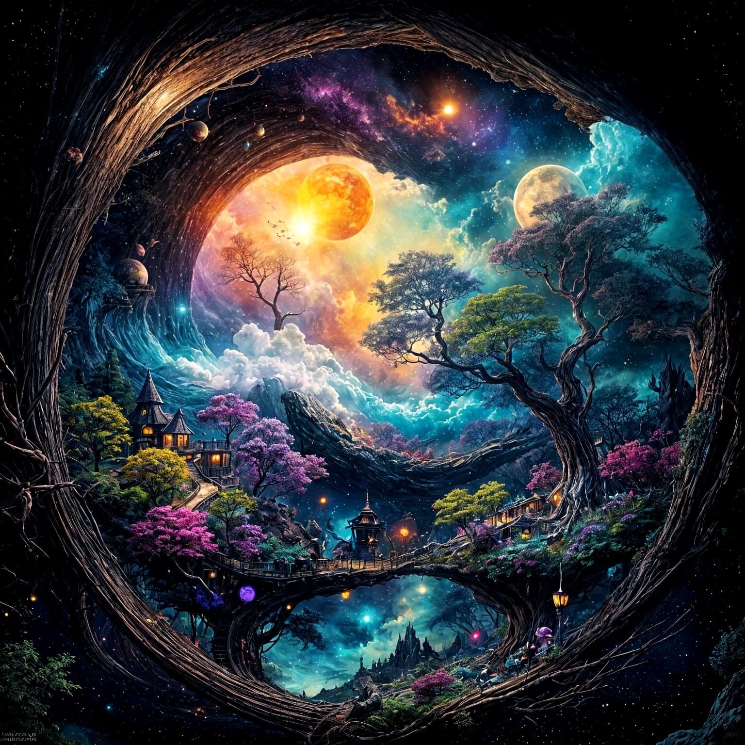 Surreal Yin Yang Sun Moon Village in Cosmic Cloudscape