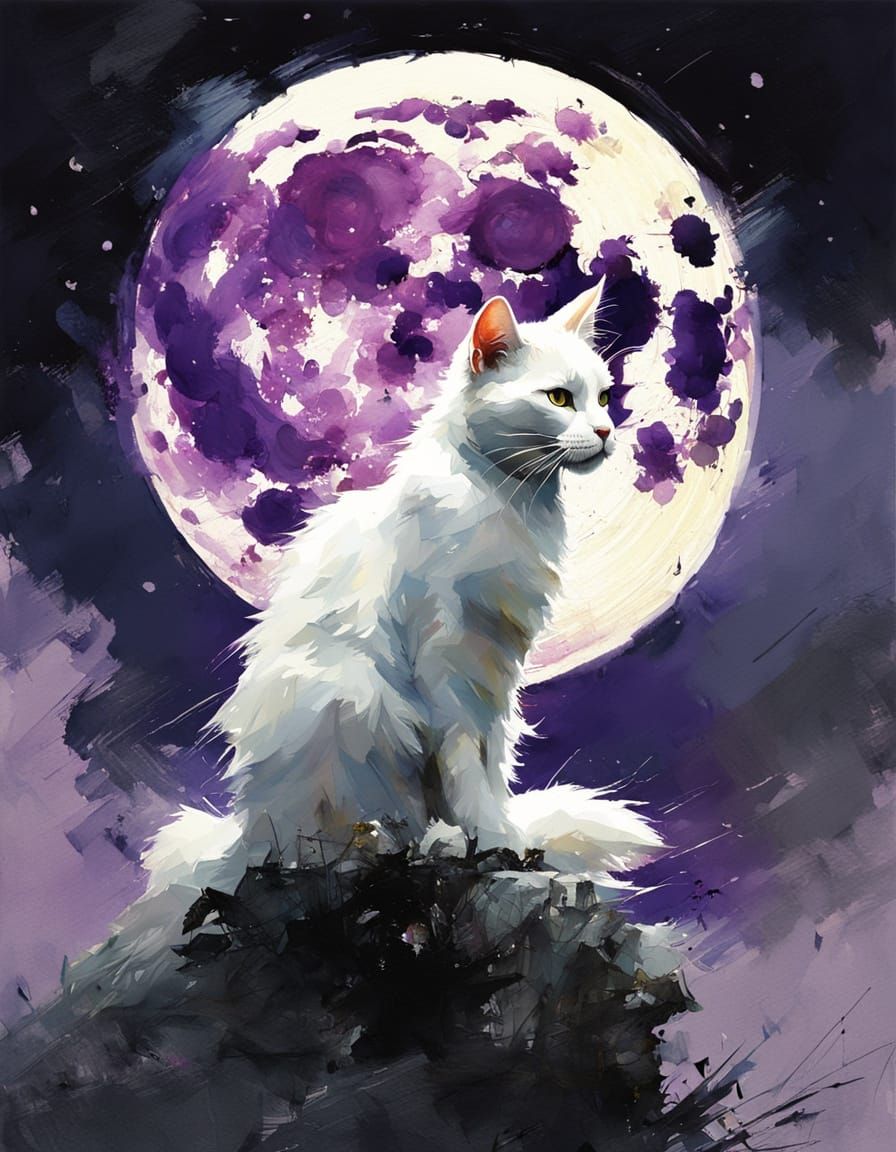 Beautiful Watercolor of White Cat Under Full Moon