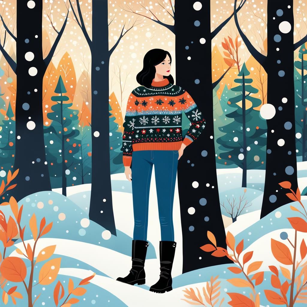 Woman in Christmas Sweater in Winter Wonderland