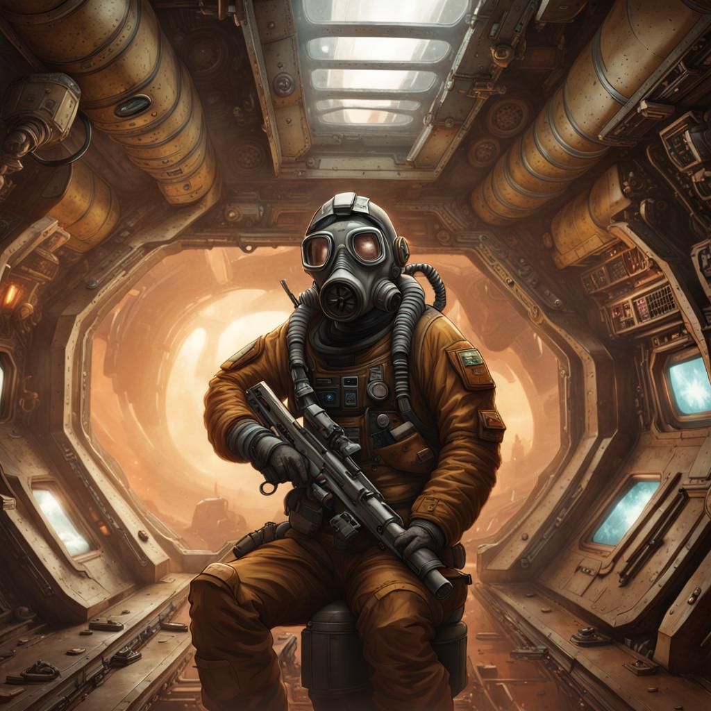 Sci-Fi Mercenary in Gas-Filled Spaceship