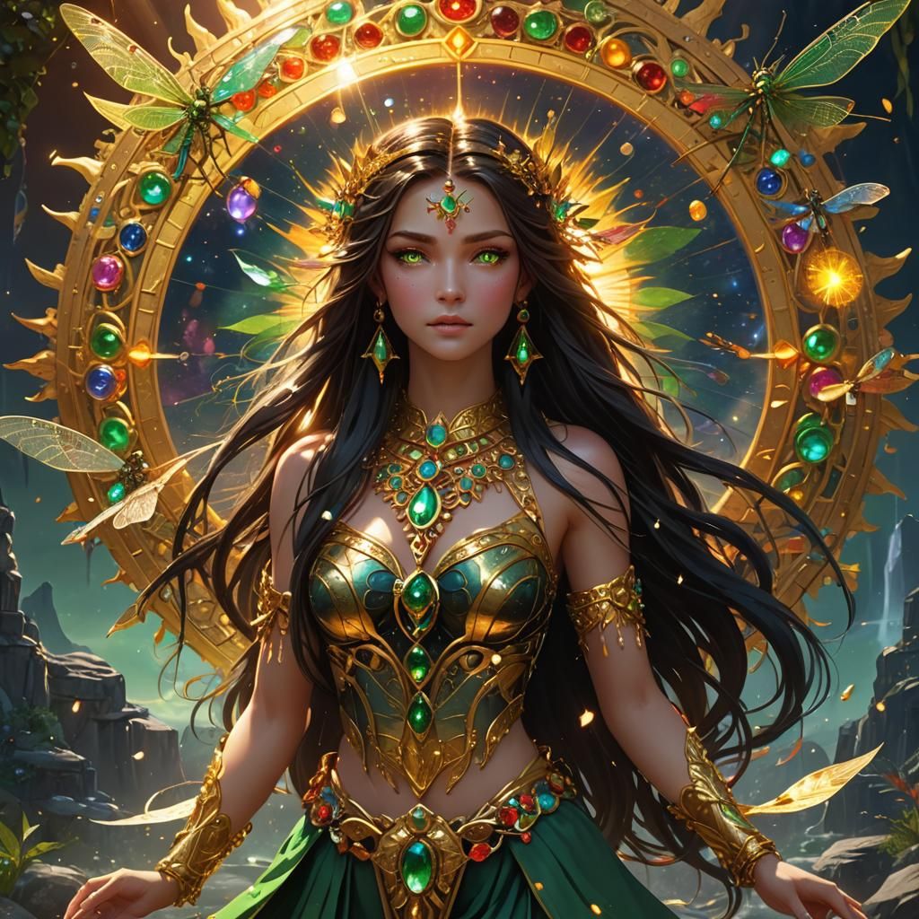 Golden Sun Goddess with Dragonflies, Fantasy Art