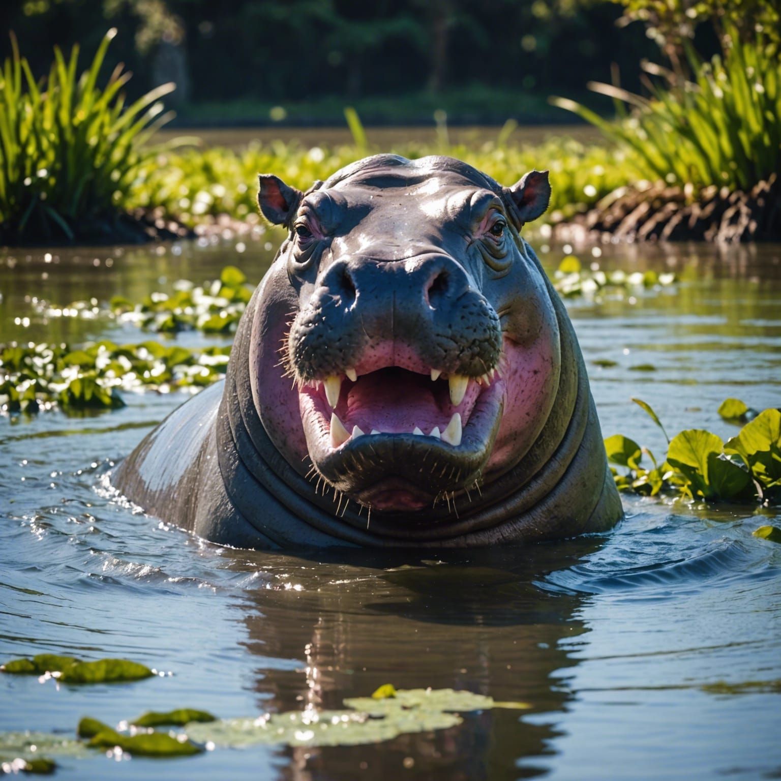 Submerged Hippopotamus with Open Mouth