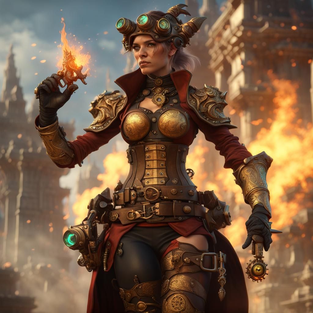 Female Dragonborn with Fractal Fire Magic in Arcanepunk Styl...
