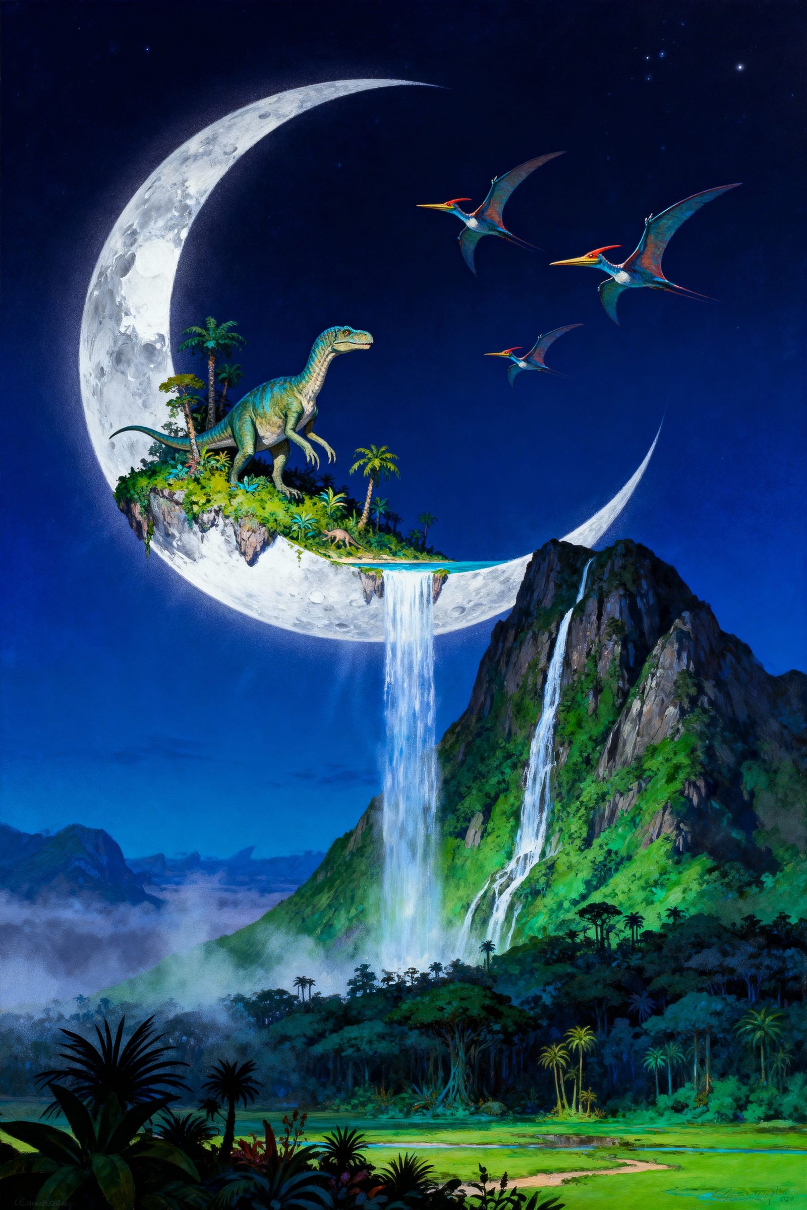 Fantasy Jurassic Island on Crescent Moon in Ethereal Moonlig...