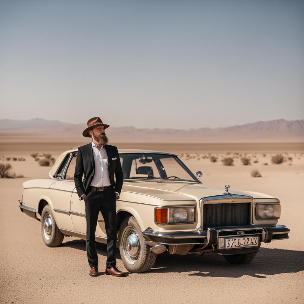 Sharp-Dressed Man in Desert Landscape, Professional Photogra...