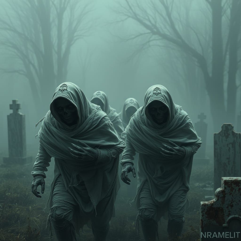 Mummies Rising from Misty Cemetery in Dark Fantasy Style