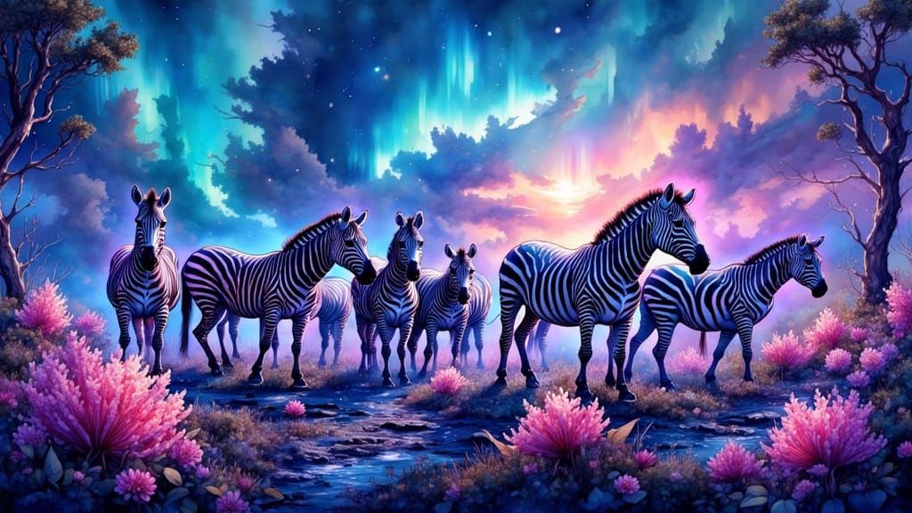 Zebras in Vibrant Neon Stripes Amidst Bioluminescent Landsca...