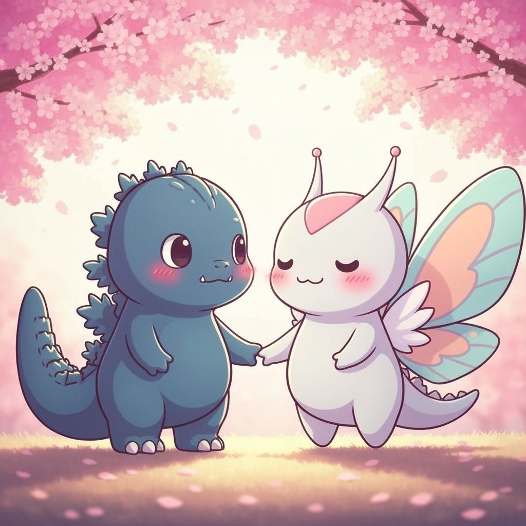 Chibi Godzilla & Mothra Cute Date Under Cherry Blossoms