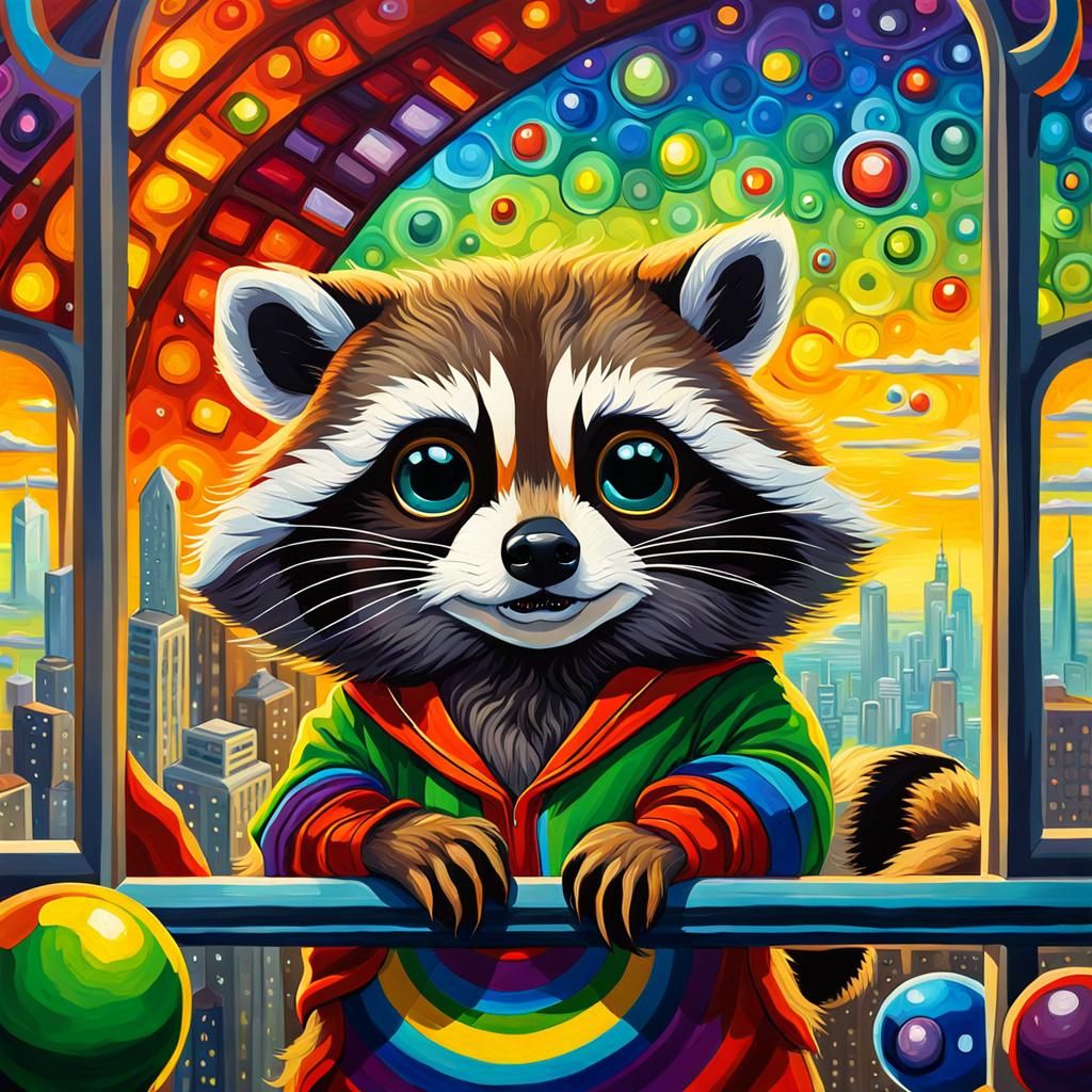 Rainbow Raccoon in Futuristic City, Expressionist Painting