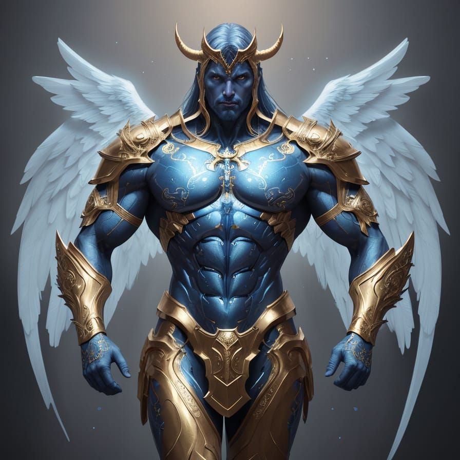 Muscular Angel Man in Blue Gold Armor