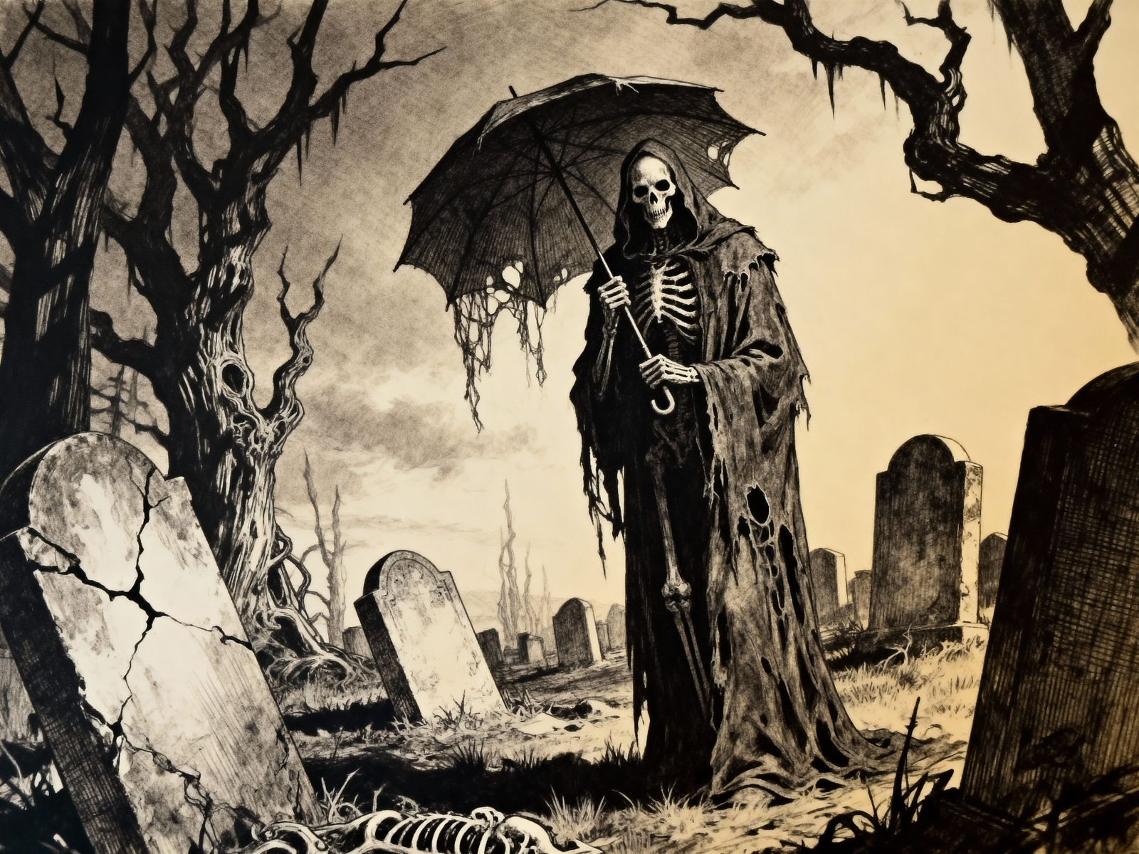 Grim Reaper with Umbrella in Creepy Graveyard Sketch