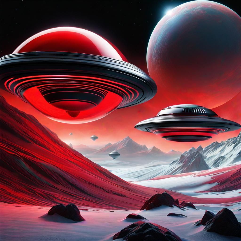 Alien hover pods over an icy planet