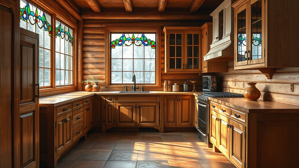 Rustic Wood Kitchen with Stained Glass in Winter