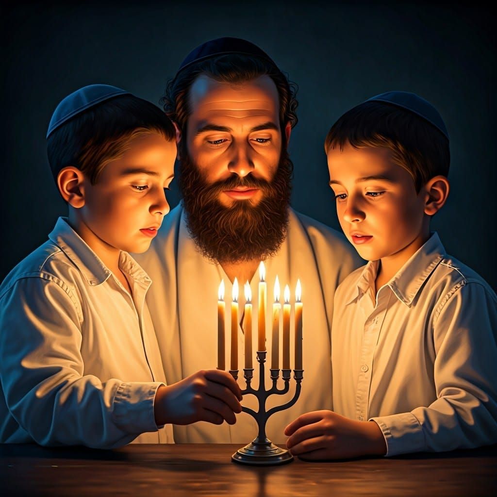 Haredi Father Ignites Hanukkah Candles with Children in Warm...