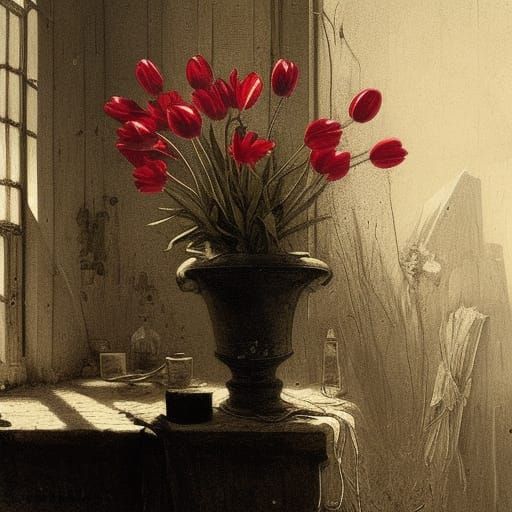 Eerie Tulips in Dingy Shack, Etching Style