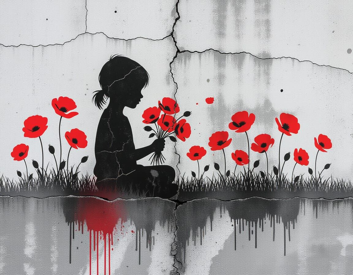 Monochrome Stencil of Child Meditating Amid Poppies