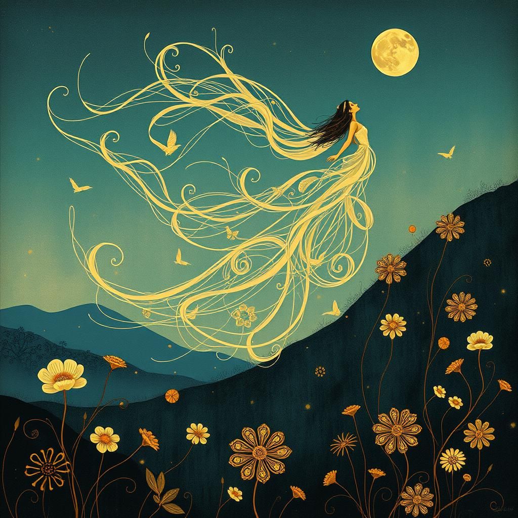 Art Nouveau Wind Sweeping Through Serene Landscape