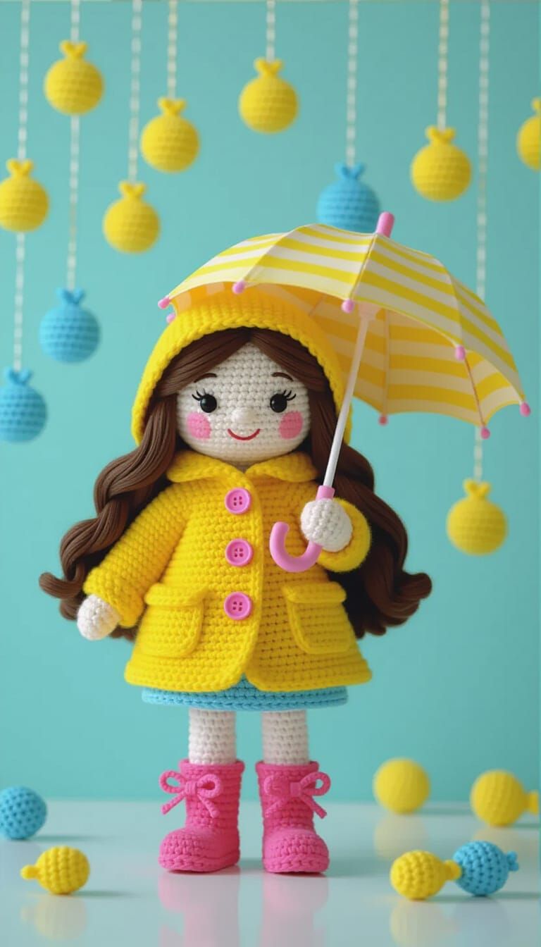 Whimsical Crocheted Girl With Umbrella in Stop-Motion Style