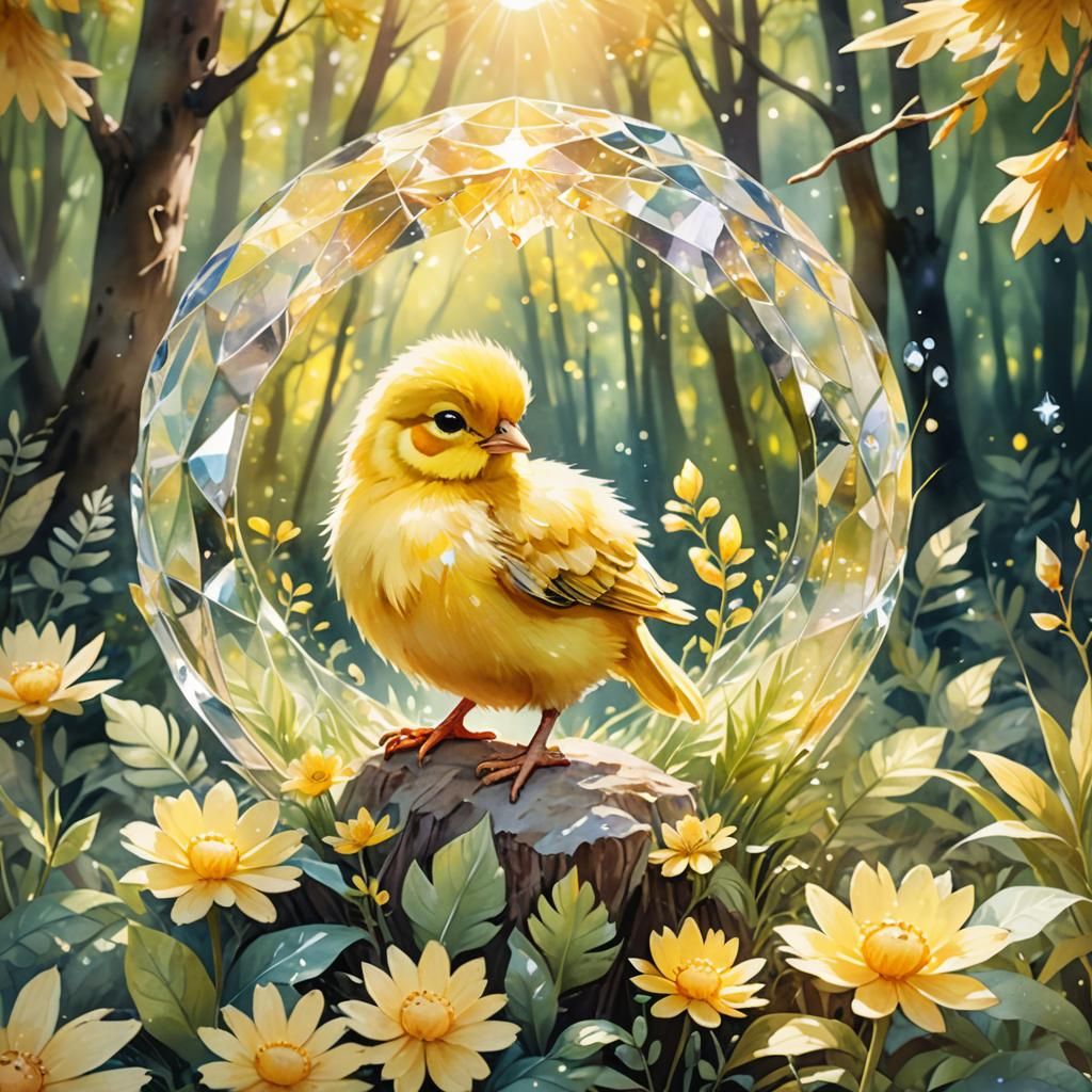 Chick in Crystal Flower Watercolor Illustration