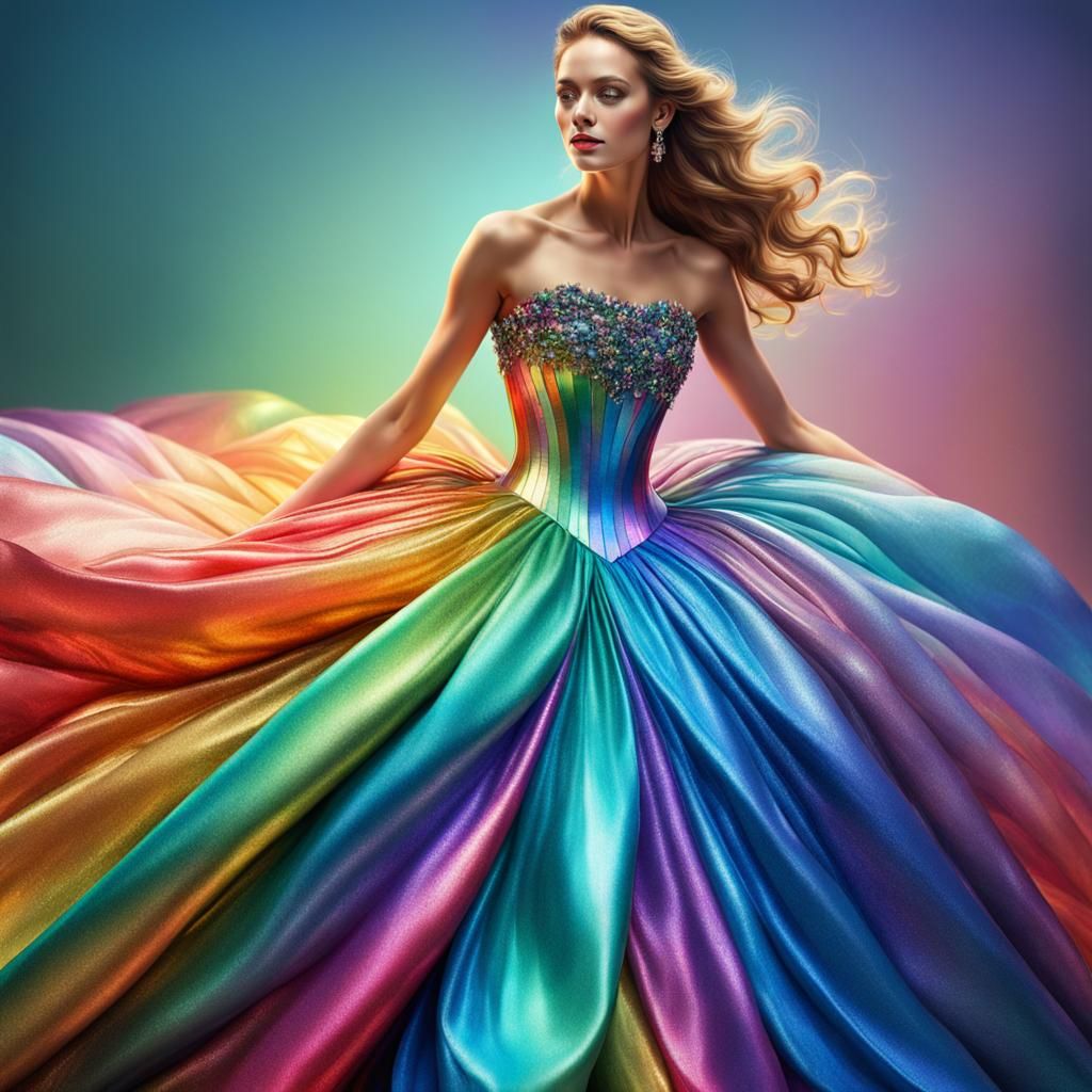 Woman in Rainbow Ball Gown: Hyperrealistic HDR Portrait