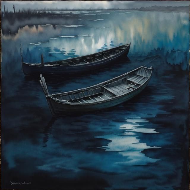 Moody Lake: Two Boats in Neo-Impressionist Style