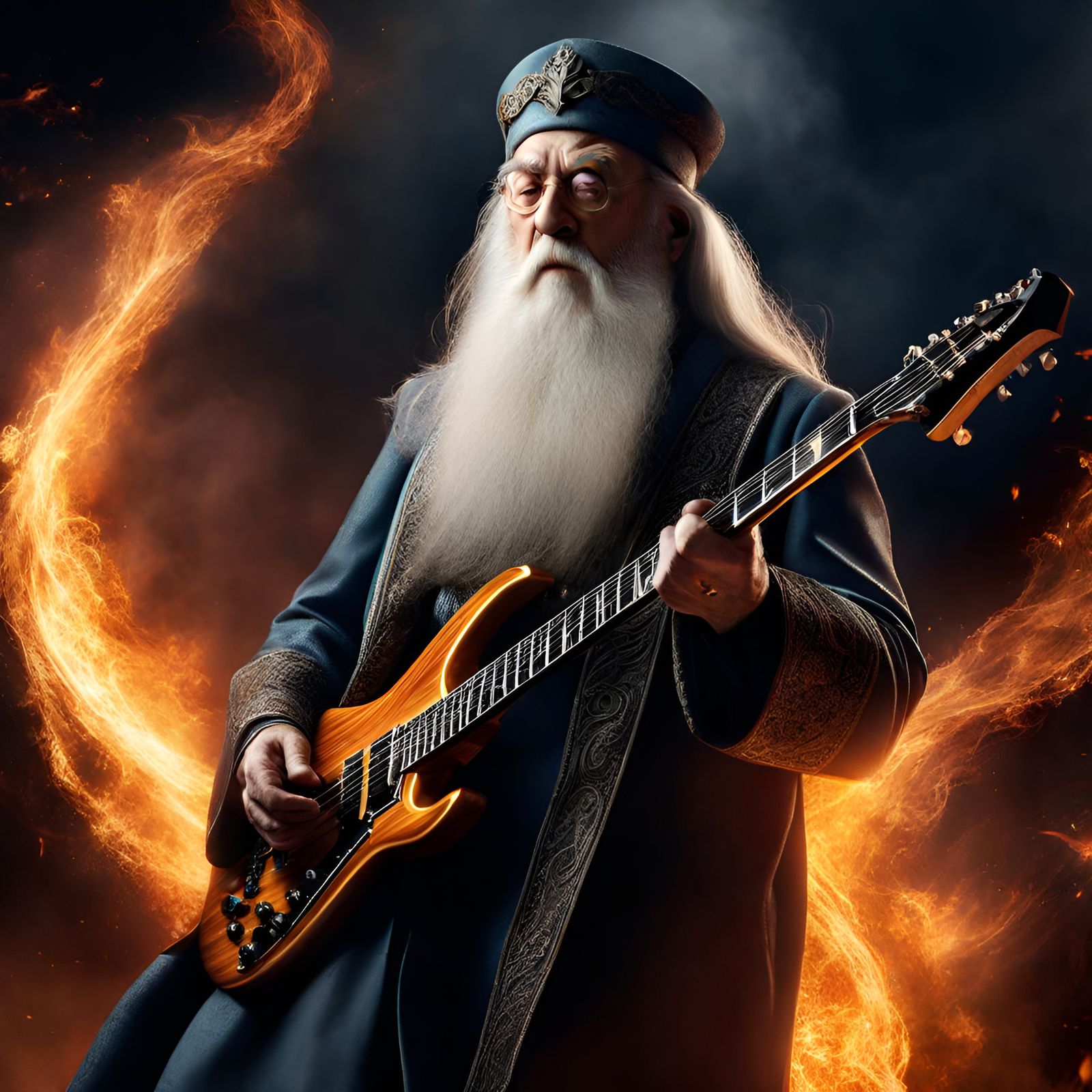 Wizard Guitarist in Fiery Space Storm: Hyperrealistic HDR
