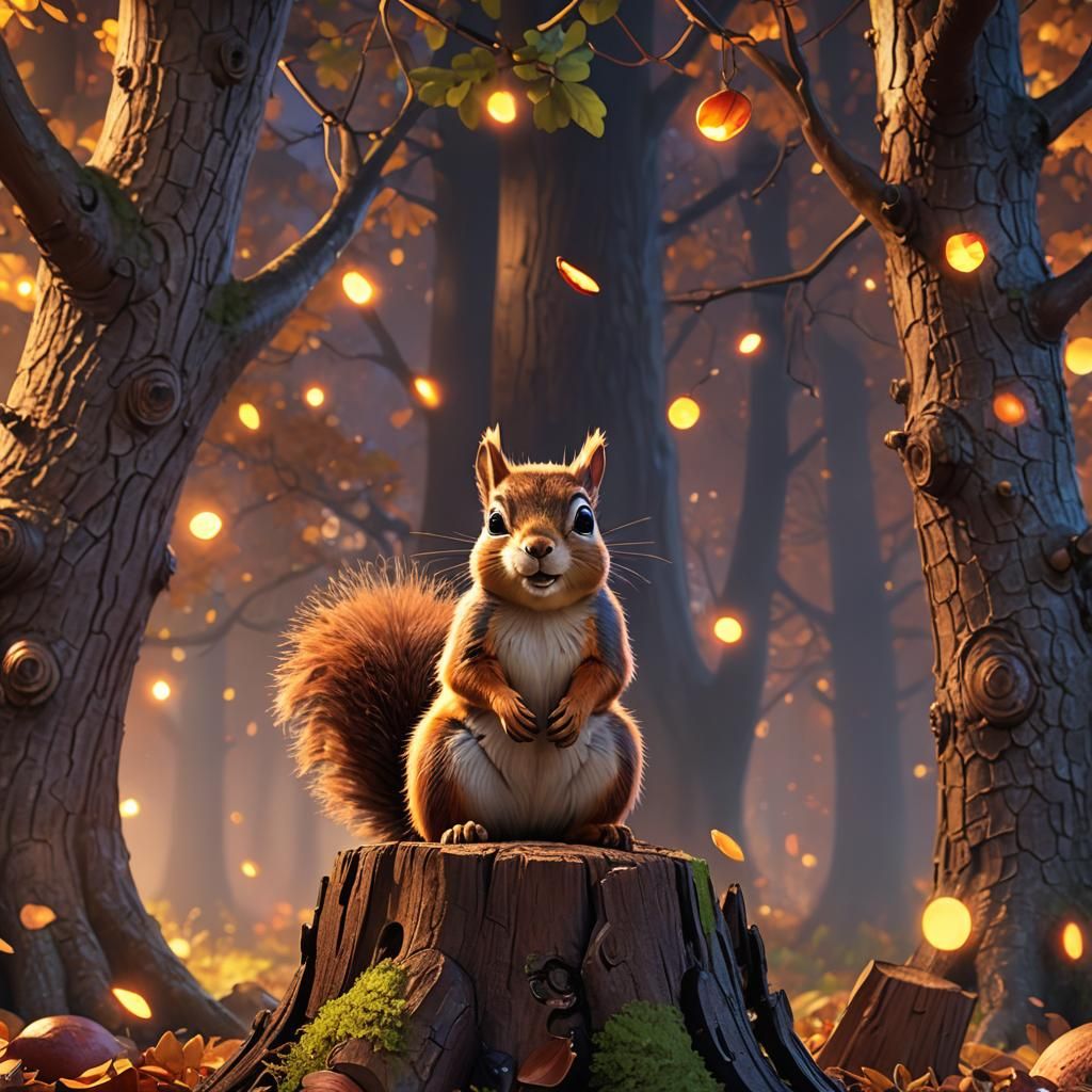 Squirrel and Glowing Acorn in Pixar-Inspired 3D Art