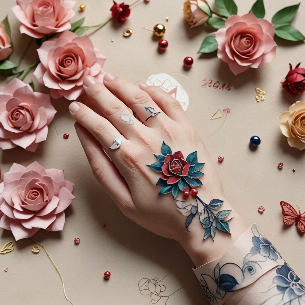 Origami Tattoo of Chinese Beads and Heart