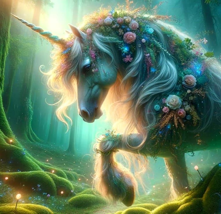 Mystical Unicorn in Forest at Dawn