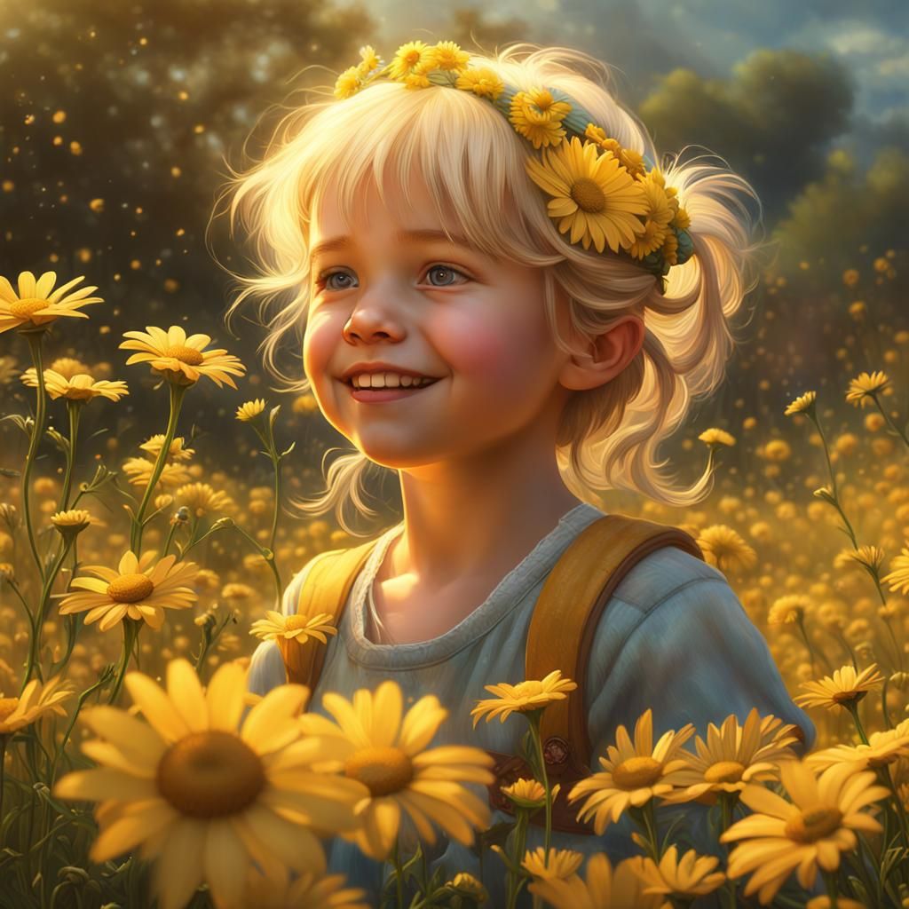Toddler with Daisy Crown in Sunny Field