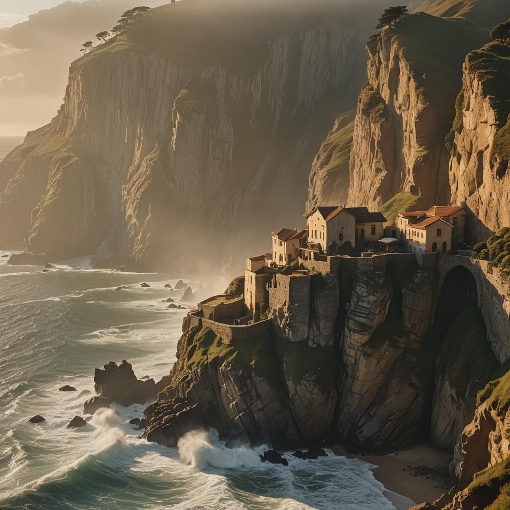 Ancient Cliffside City at Golden Hour: Cinematic Film Still