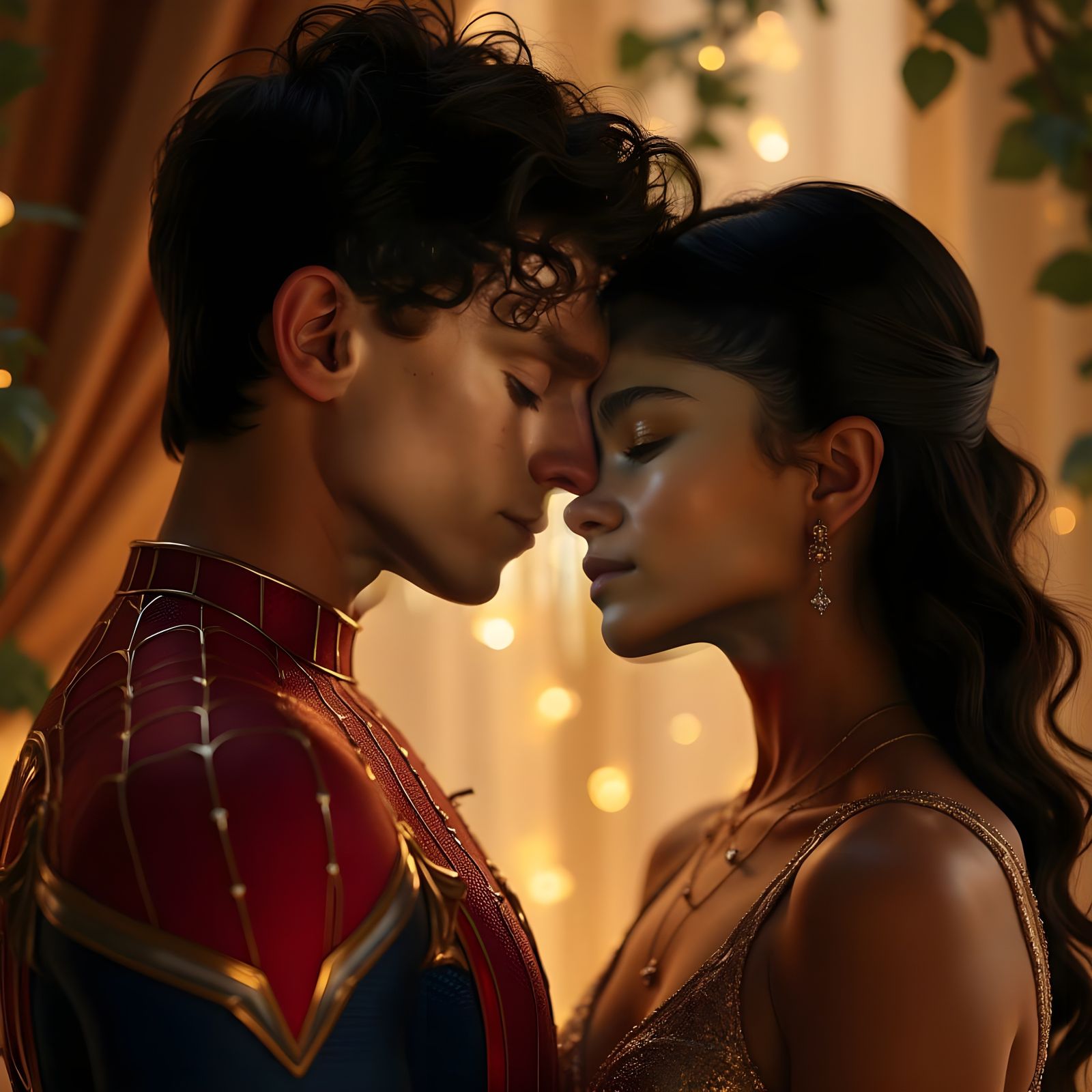 Zendaya who is mixed race  as MJ gently rests her forehead against Tom Holland as Spiderman with no mask, their eyes loc...