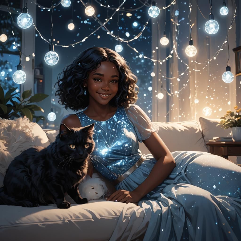 Black Girl with Cat in Luminescent Dress