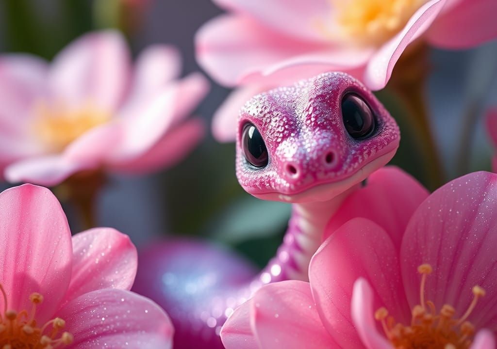 Cute Baby Snake in Sparkling Flower Garden