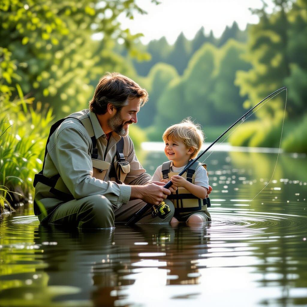 Father and Son Fishing Together, Warm Family Moment