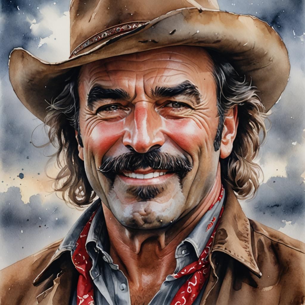 Tom Selleck Smiling Portrait in Watercolor Style